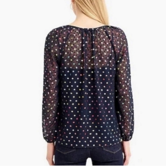 J. Crew, Semi-Sheer Chiffon Swiss Dot‎ Blouse, Navy/Metallic Rainbow, Size XS - Picture 5 of 11